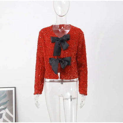 🍒Bow tie sequin dress for women long sleeve shiny mini dress female chic backless evening party dress with back bow crop sequin jacket long sleeve with satin bow front  occasion party wear