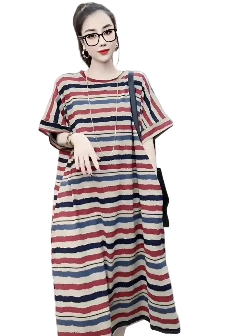 🍒Striped t-shirt dress A- line knee length outfit plus size slimming clothes for plus size women spring summer fashion   Stripe A- Pose