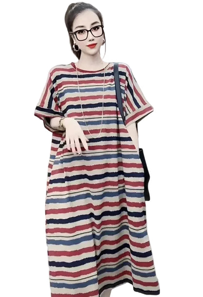 🍒Striped t-shirt dress A- line knee length outfit plus size slimming clothes for plus size women spring summer fashion   Stripe A- Pose
