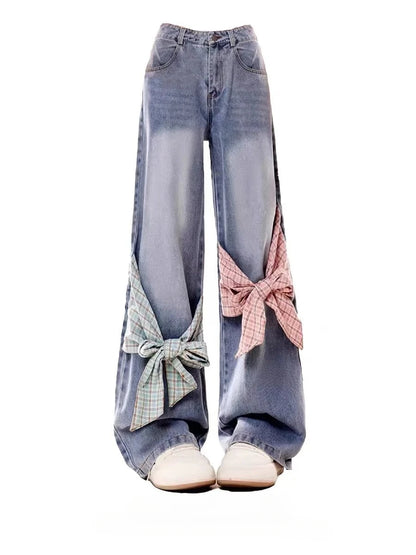 🍒American retro checkered patchwork bows women jeans with bows in them tie and loose as preferred Y2k wide leg pants Sweep These Sweets