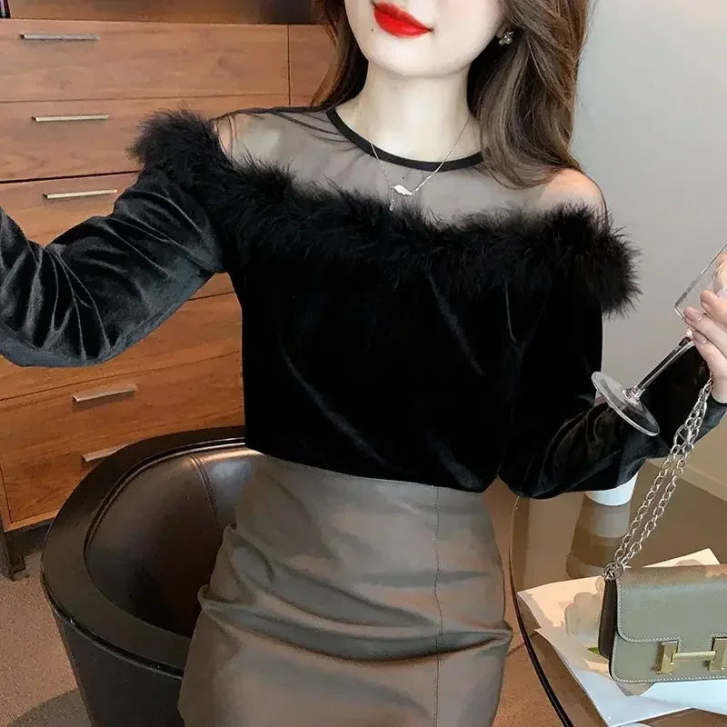 🍒Long sleeve velvet tops for women mixed media velvet fur top with mesh panel party occasion wear feminine clothing fashion Fluff Up In Velvet