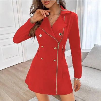 🍒Double breasted mini dress with zipper in front colouful autumn winter outfits womens lapel coat dress long sleeve
