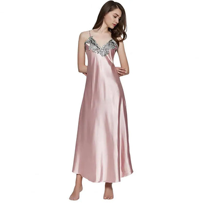 🍒Satin sleepwear for women house sleepwear dress gown wth spaghetti strap loose lingerie lace trim nightwear elegant maxi sleepwear chemise nightdress with v neck front and back Luxurate Lovely Lingerie Luxurate