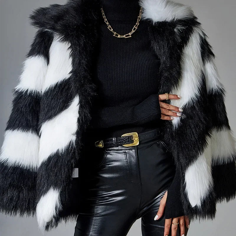 🍒Fluffy faux fur jacket autumn winter lapel coat female smart causal outerwear striped  for women ocassion party overcoat Get On The A-List vibe With A Z-(eberdy)List