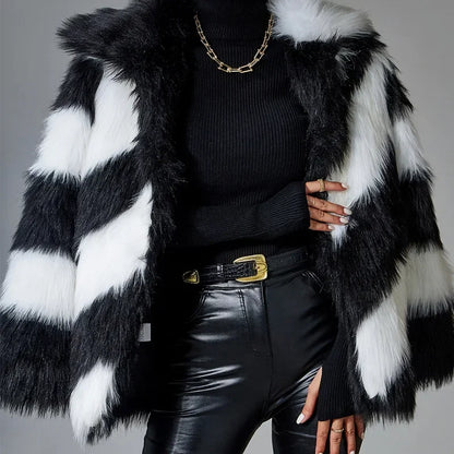 🍒Fluffy faux fur jacket autumn winter lapel coat female smart causal outerwear striped  for women ocassion party overcoat Get On The A-List vibe With A Z-(eberdy)List