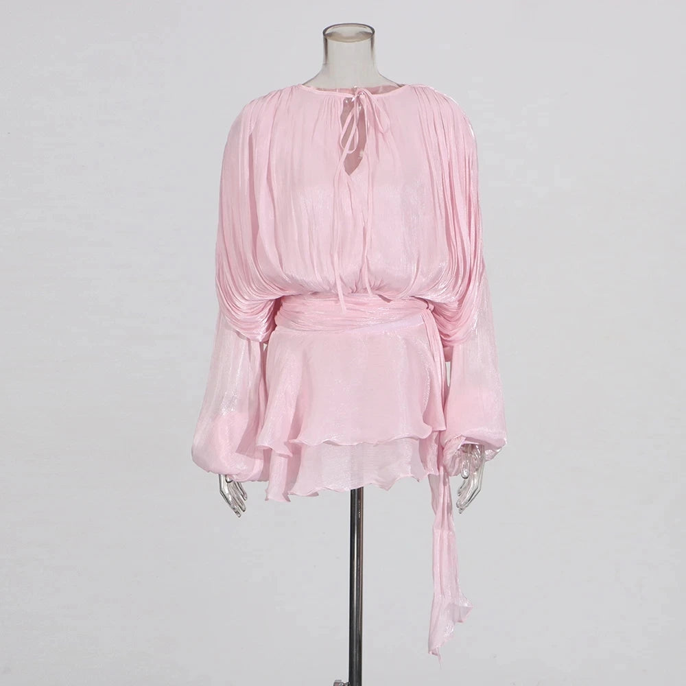 🍒Solid tie neck dress high waist ruffle for women long sleeve mini  party club wear occasion clothing female fashion Revel In Ruffles