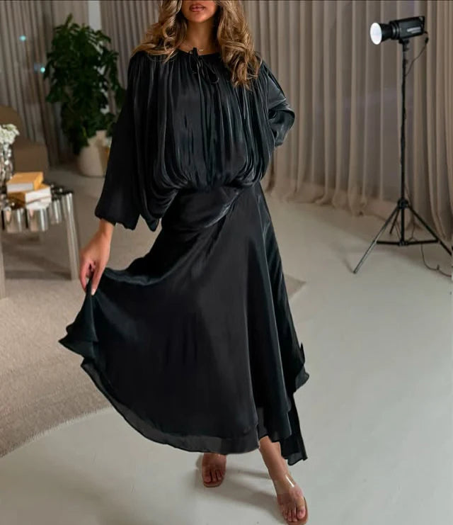🍒Solid tie neck dress high waist outfit for women long sleeve shiny ruffle mini dress black party club wear occasion clothing female fashion Rome in Roman Style
