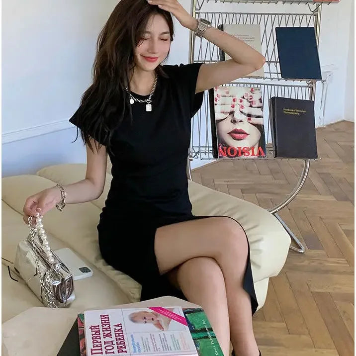 🍒White dresses smart casual Women fashion clothing chic black midi outfit simple elegant slinky Y2k style clothes  Step A side Side Slit Slim -ple