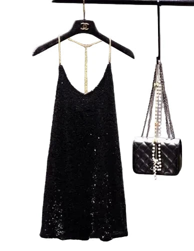 🍒Party dress with metal straps for womens sequin outfit with hanging neck back chain Long Render In backless sleeveless dress nightclub party occasion wear You Will Be Melted When You Get This Molton