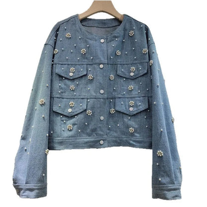 🍒Denim jacket with  pearls beaded flower long sleeve round neck crop jacket smart casual women Don A Decorated Denim