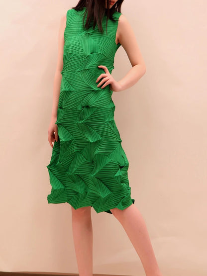 🍒Sleeveless pleated dress for women turtleneck outfit single colour solid fashion smart casual women party wear occasion clothing style 3D fold designer dresses Fashion A Fold