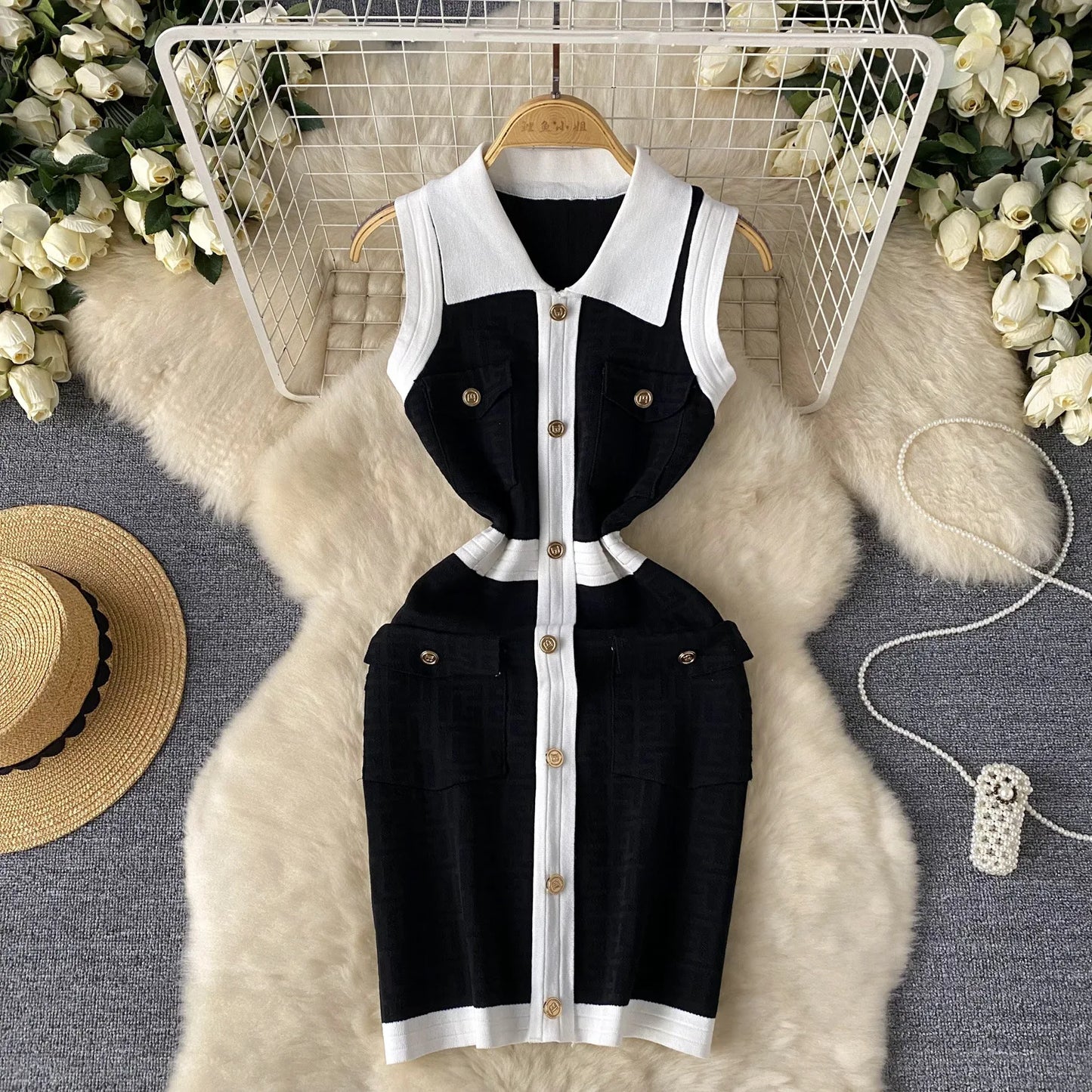 🍒knitted mini dress bodycon  sleeveless outfit shirt dress smart casual knitwear women summer fashion