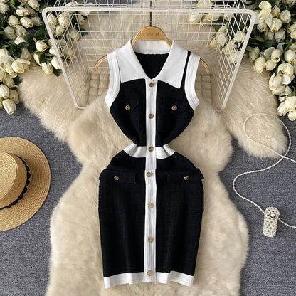 🍒knitted mini dress bodycon  sleeveless outfit shirt dress smart casual knitwear women summer fashion