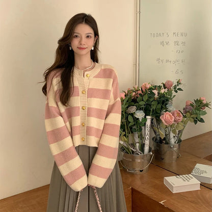 🍒Striped womens cardigan Y2K asthetics sweet knitted jacket retro long sleeve sweater weather clothes spring autumn wear loose casual crop tops Cherri And Cream Stripe Delight