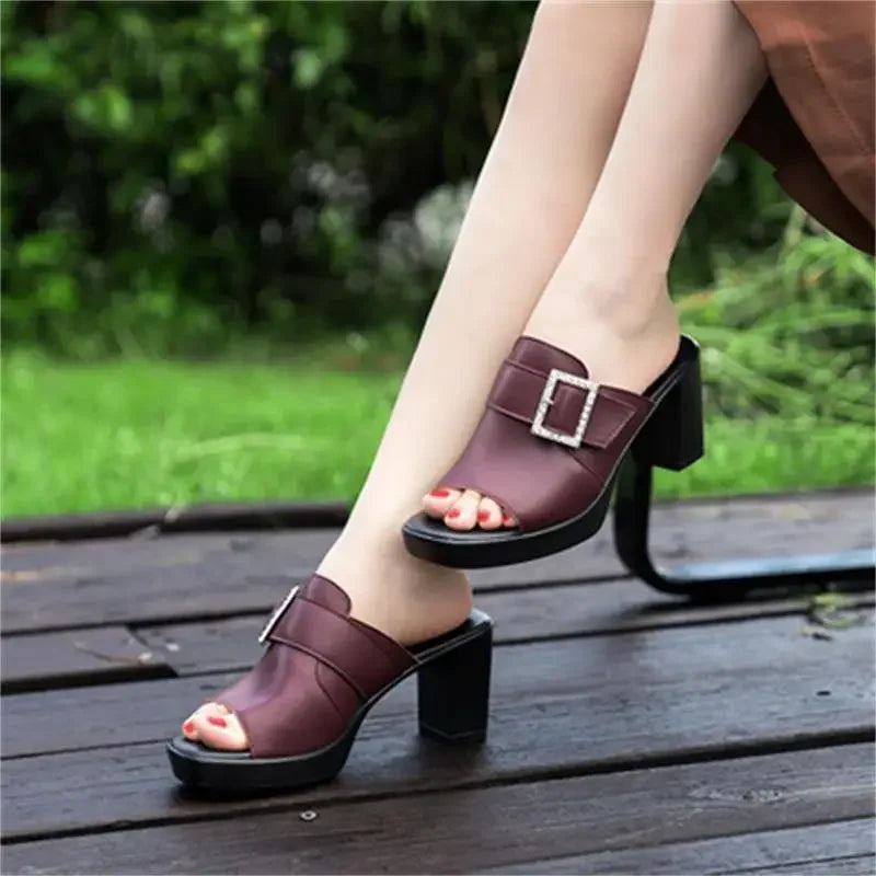 🍒Genuine leather block heel sandals summer square buckle sandals mules large Size shoes 35 -41 Women's mid heels fashion footwear