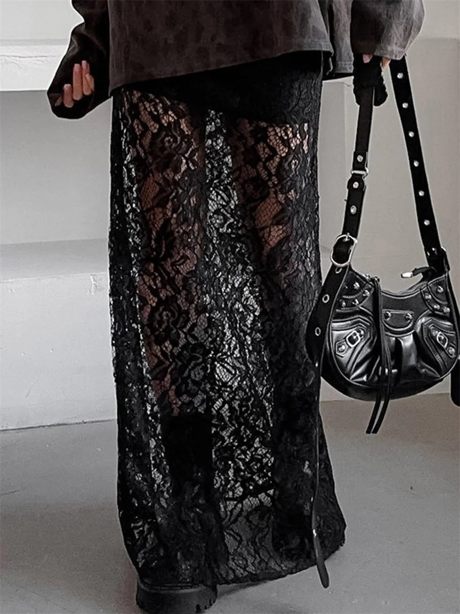 🍒Lace long skirt black elegant low waist solid colour see-through  fashion maxi smart casual clothing                        Transfomation Transparents