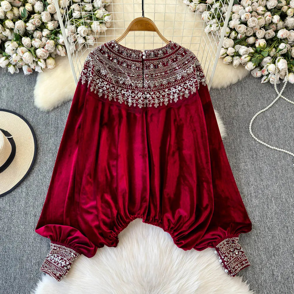 🍒Vintage velvet blouse women's velour shirt sequin  clothing elasticated waist top Loose party occasion wear clothing Voted Velvet Varying Never