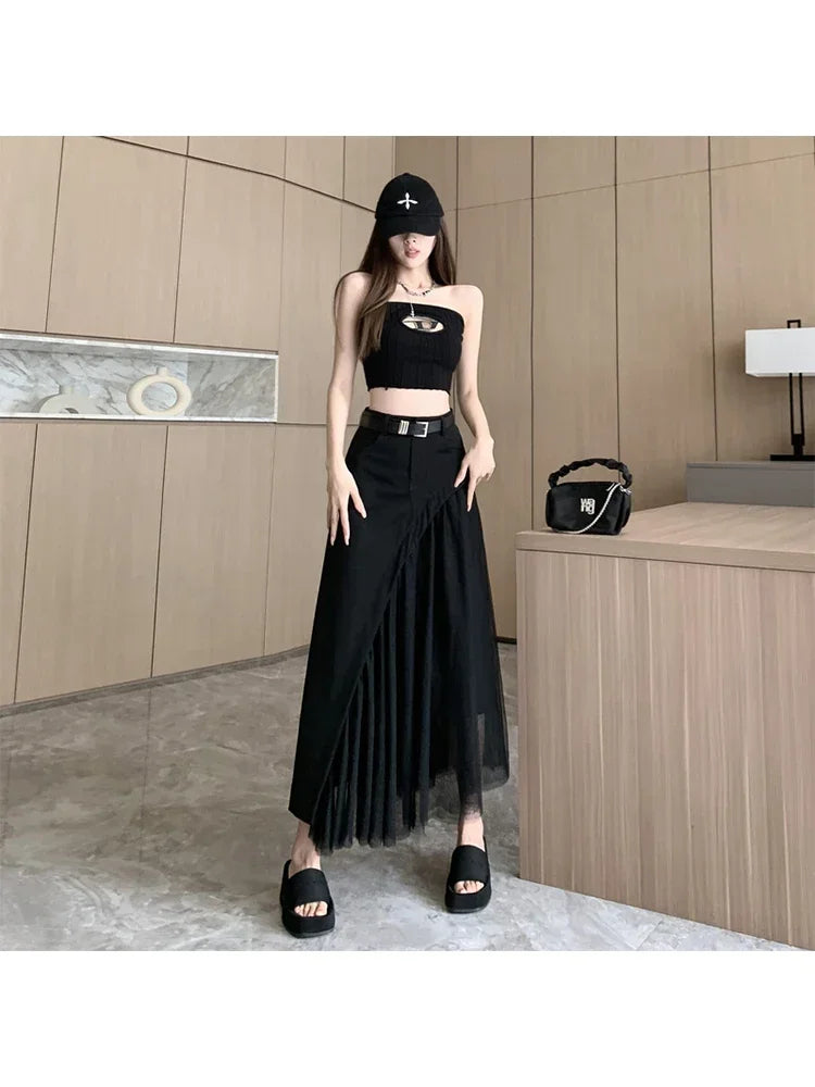 🍒Womens black skirt long smart casual wear vintage a-line skirt Y2k fashion streetwear party occashion clothes Wear Mixed Media A-ffair