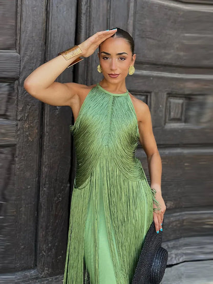 🍒Multi-layer tassel dress women's solid o-neck sleeveless cocktail dress elegant female fashion ball party outfit occasion wear club wear holiday beach party wear No Tossle Tassle