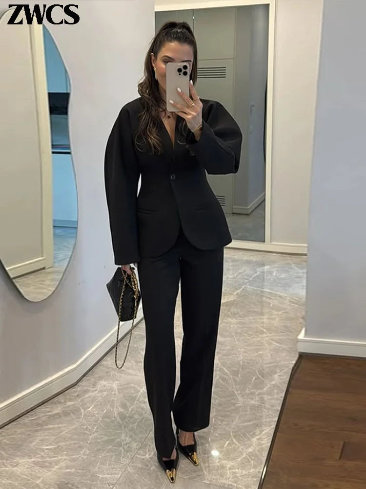 🍒Stylish blazers coat v neck jacket for women and pants set party occasion wear single button suit with matching straight long trousers office outfit single out this single button in a Single Minute