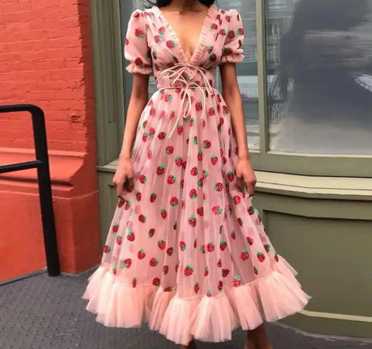 🍒Summer fashion v-neck short sleeved midi dress mesh fabric strawberry outfit fitted at waist smart casual clothing women BERRY exSTRAW-ordinary