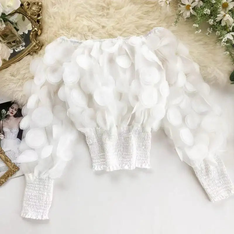🍒Modern floral tops for women occasion shirred hem t-shirt design mesh patch long sleeve off the shoulder gigot Sleeve  bouse Y2k asthetic Hot Spot