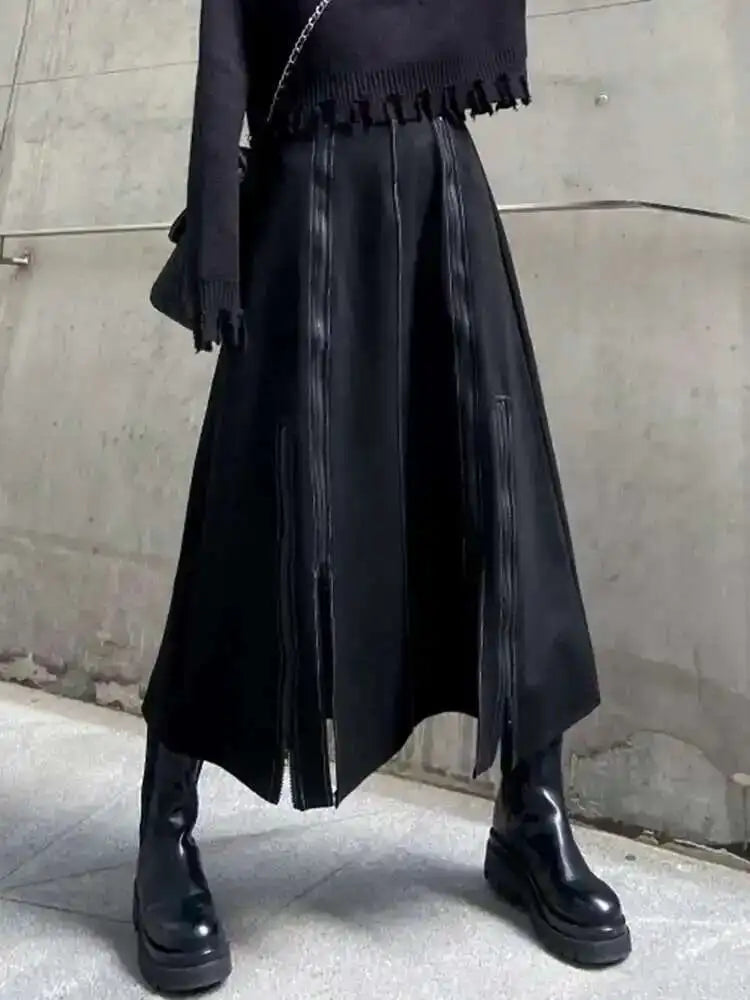 🍒High waist a-line skirt with stretch Waist band black zipper Slit Irregular fashion smart casual women party occasion wear Dont SKIRT around it Zip to this A-sap