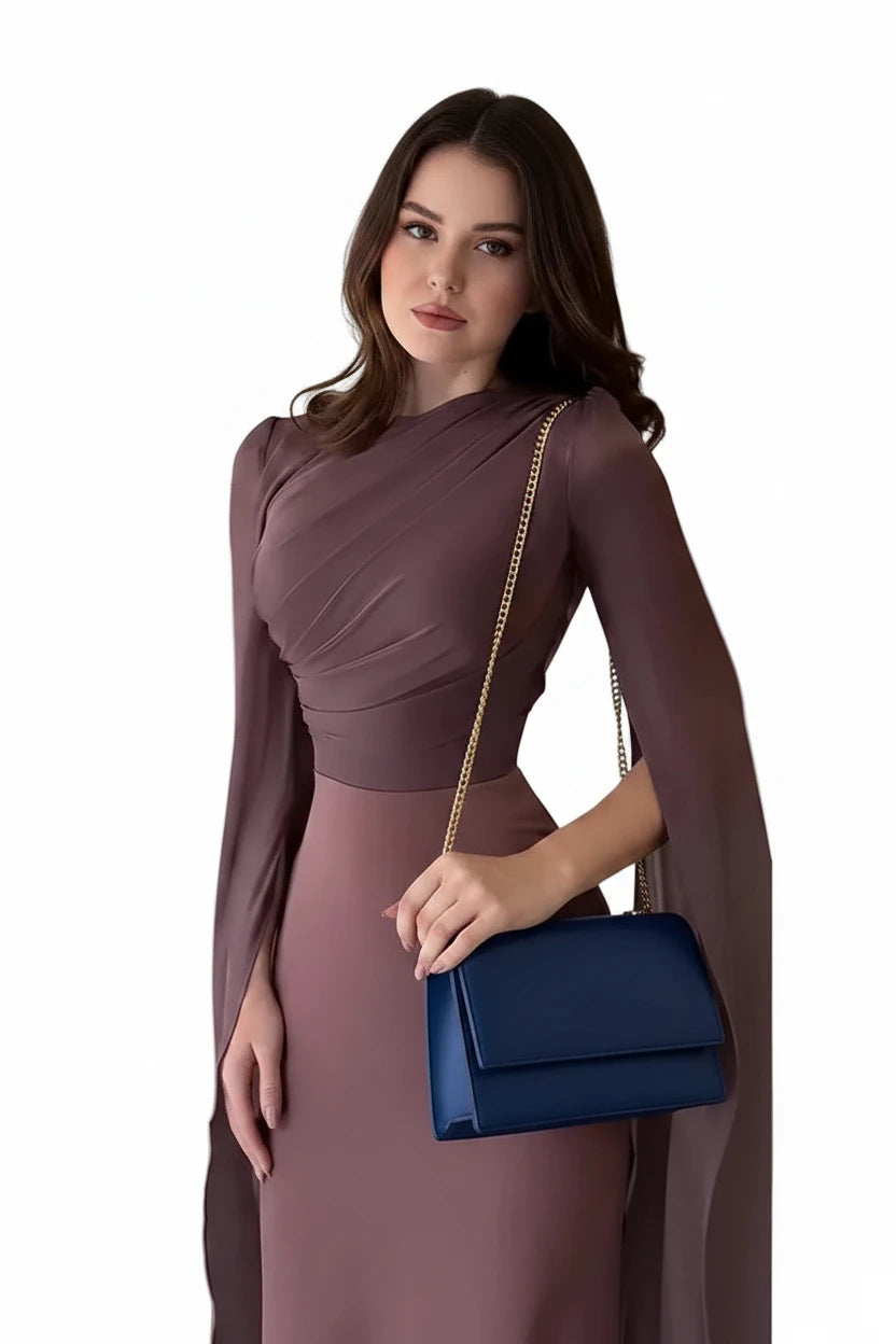 🍒Chiffon gown for women solid dress o-neck slim elegant evening wear bell sleeve high Waist outfit pleats long party occasion wear No Need To Ring For This Bell