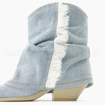 🍒Pointy toe ankle boots blue denim canvas shoes casual cloth booties for women comfortable western boots Cool Cowboy