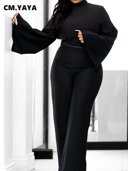 🍒Fashion women set flare long sleeve top stand collar blouse  and wide leg pants two piece sets outfits with trousers smart casual clothing Jack Up Black