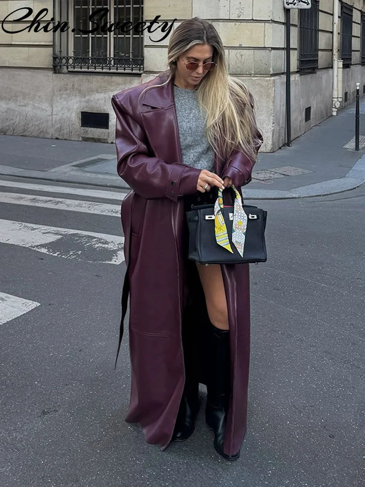 🍒faux leather women coat with lapel long Y2K solid belt and pocket long sleeve pu trench fall winter outwear female Faux Fans Fast Forward