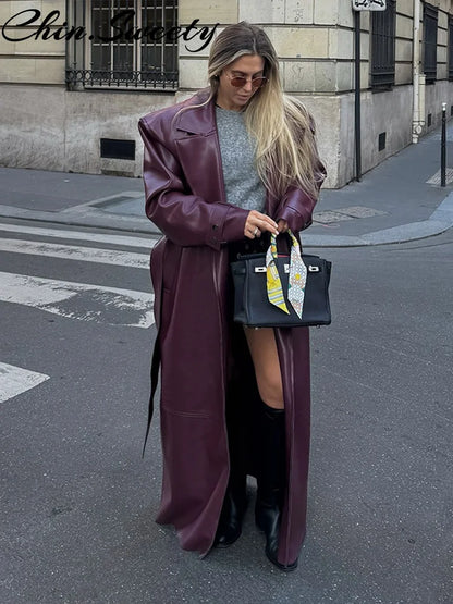 🍒faux leather women coat with lapel long Y2K solid belt and pocket long sleeve pu trench fall winter outwear female Faux Fans Fast Forward