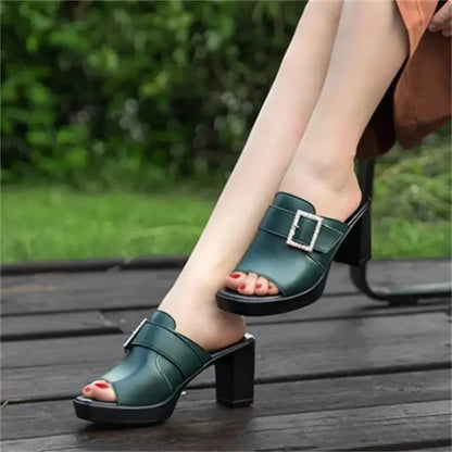 🍒Genuine leather block heel sandals summer square buckle sandals mules large Size shoes 35 -41 Women's mid heels fashion footwear