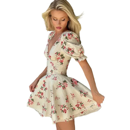 🍒Elegant party dresses for women vintage rose floral a-line outfit mini summer clothing wear with fitted waist printed v -neck short puff sleeve layered smart casual clothes beach party wear Mini Rose Pose