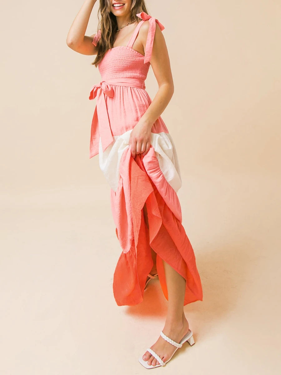 🍒Women’s tie shoulder dress summer sleeveless contrast colour outfit a-line long flowy summer wear female casual clothes Get On The BANDwagon With STRIPES