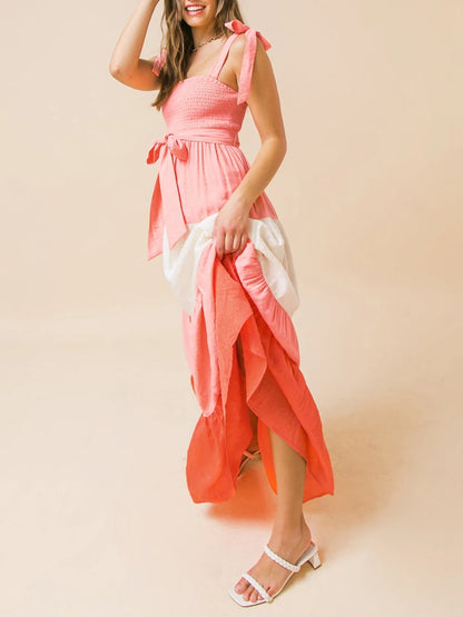 🍒Women’s tie shoulder dress summer sleeveless contrast colour outfit a-line long flowy summer wear female casual clothes Get On The BANDwagon With STRIPES