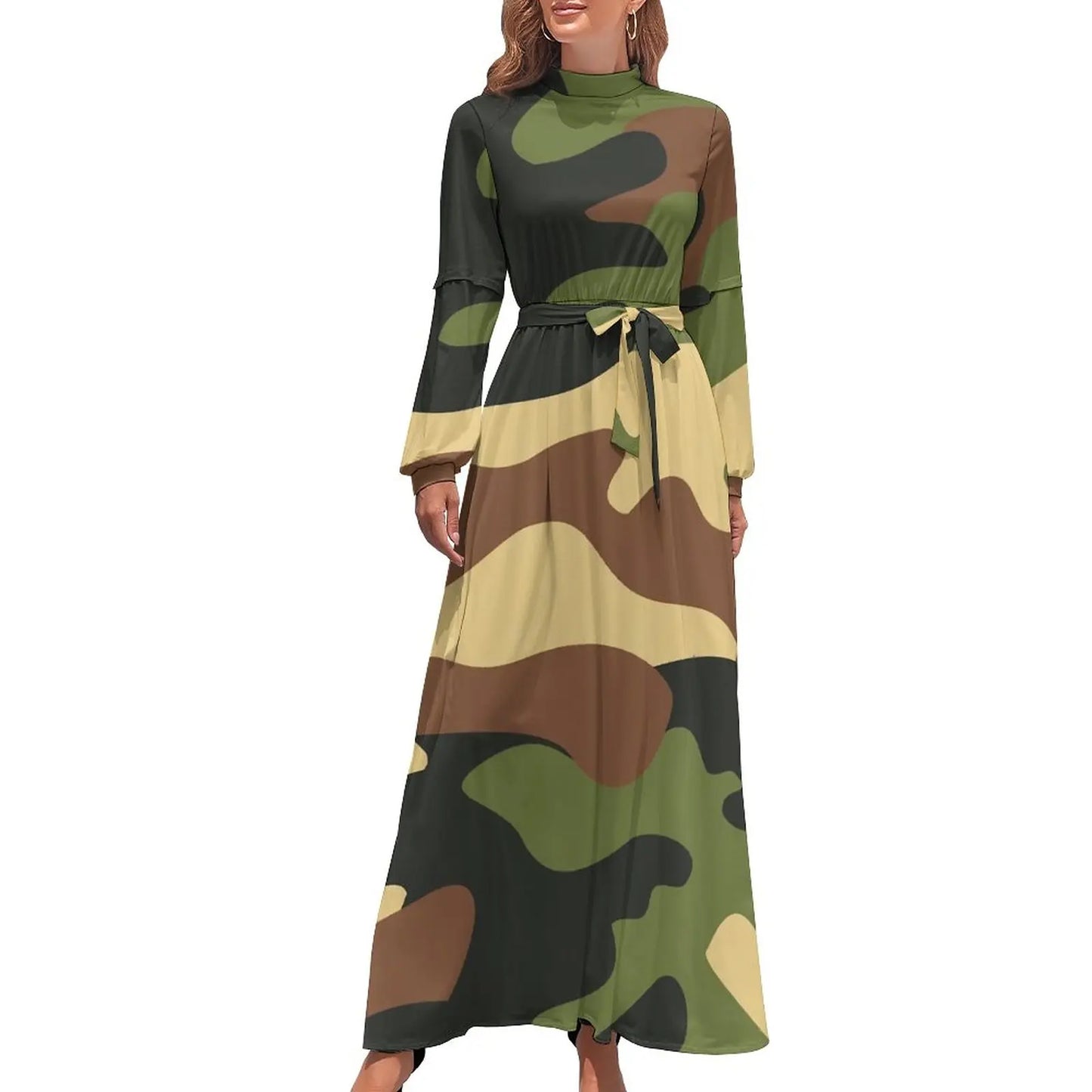 🍒Military camoflauge dress high waist outfit bohemian chic long-sleeve maxi stylish smart casual clothing women Camodel Camo