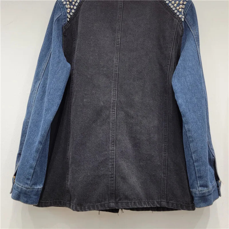🍒Y2K vintage denim jacket stylish craft studded diamond studded coat single button mixed media clothing contrast colour patchwork jeans wear smart casual women  Denim Designer Diamond Delight