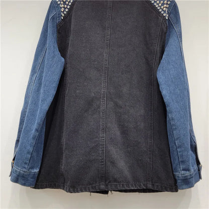 🍒Y2K vintage denim jacket stylish craft studded diamond studded coat single button mixed media clothing contrast colour patchwork jeans wear smart casual women  Denim Designer Diamond Delight
