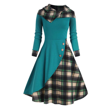 🍒Hooded dress button plaid patchwork outfit womens warm clothes autumn winter fashion high waist long sleeve casual midi Please Purchase Plaids