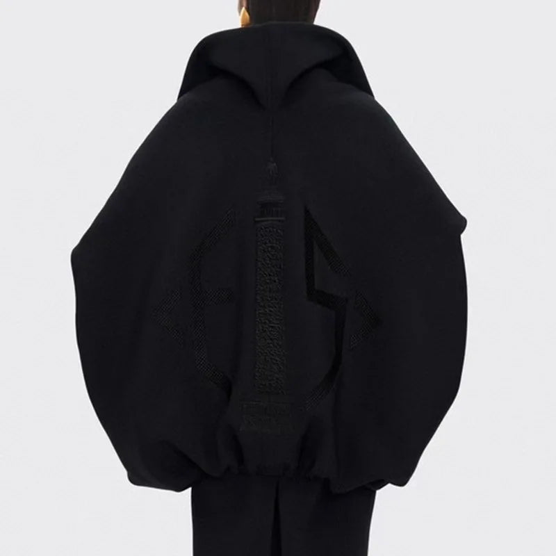 🍒Oversized zipped coat women's fashion solid color long sleeve casual drawstring jacket black designer style spring autumn clothing   Big Up To Oversized Cool