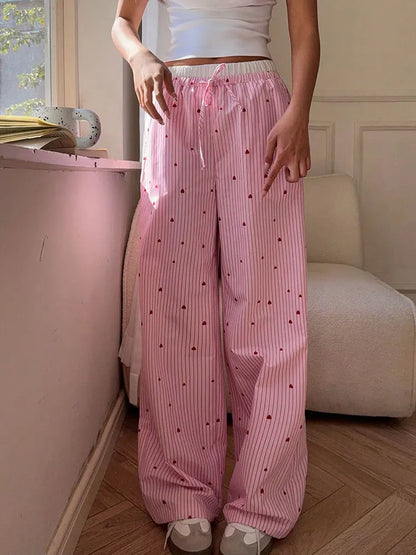 🍒Women's striped summer trousers streetwear fashion love heart print ladies pants tie waist casual trousers pink sweet Female fashion clothing Cool Out In Cotton candy