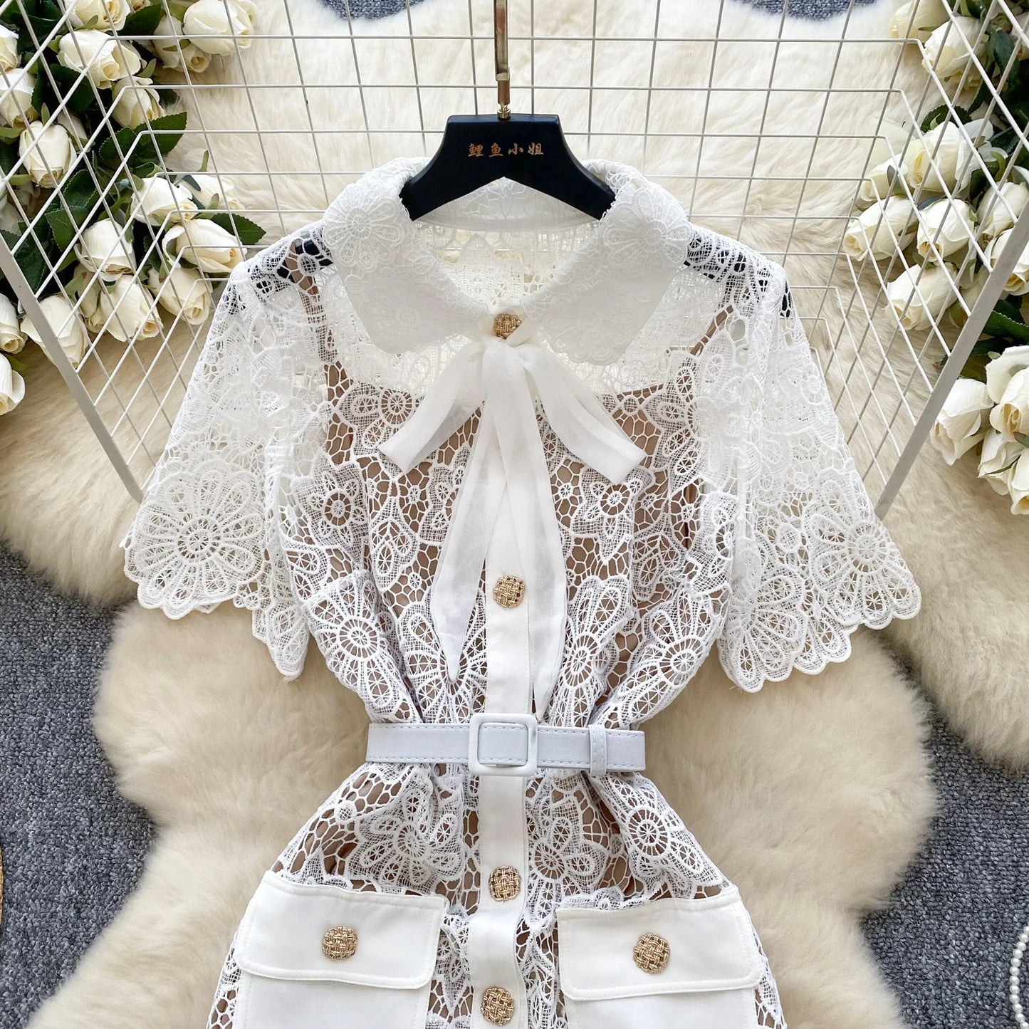 🍒White long lace dress for women short sleeve turn down collar elegant occasion party wedding reception outfit high waist Y2k fashion Lacey Bow Loves This So Will You!