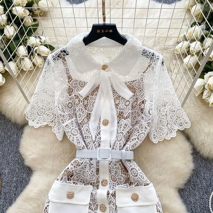 🍒White long lace dress for women short sleeve turn down collar elegant occasion party wedding reception outfit high waist Y2k fashion Lacey Bow Loves This So Will You!