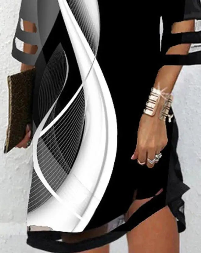 🍒Abstract print cold shoulder dress for women abstract print cold shoulder outfits contrast mesh clothes summer smart casual women wear a- Line Abstract Distract