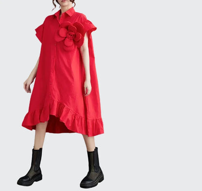 🍒Summer loose dress artistic high low ruffle trim outfit with 3D flower cotton blend office smart casual women mid-length a-Line Don’t Get Ruffled Pick A Flower And Ease lnto Summer