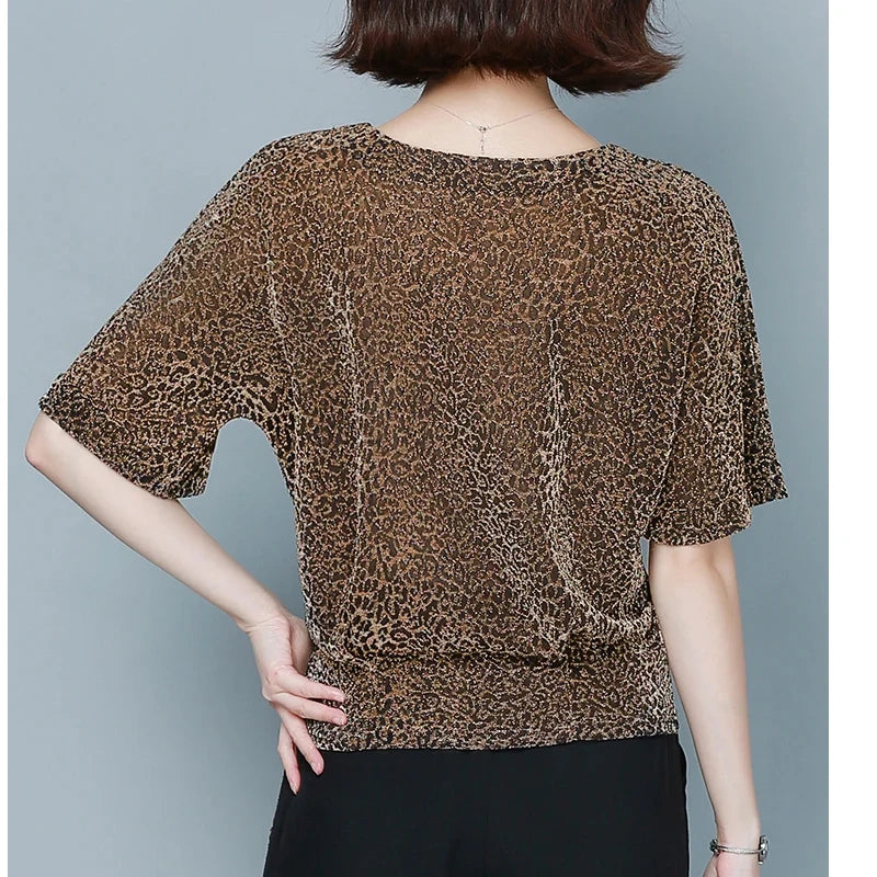🍒Short sleeve womens blouses o-neck shirt smart casual women leopard print party top with elasticated waist office shirts Simple Vintage style clothing Simple Style Statement