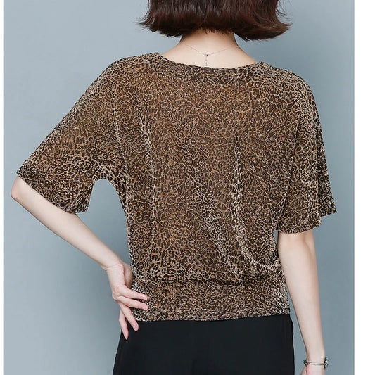 🍒Short sleeve womens blouses o-neck shirt smart casual women leopard print party top with elasticated waist office shirts Simple Vintage style clothing Simple Style Statement