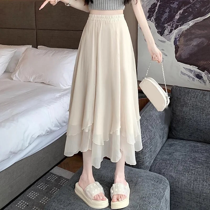 🍒Midi long skirt elastic waist ladies spring summer womens fashion  a-line clothing Female chiffon skirt outfit smart casual clothing party occasion wear Lavish In Layers