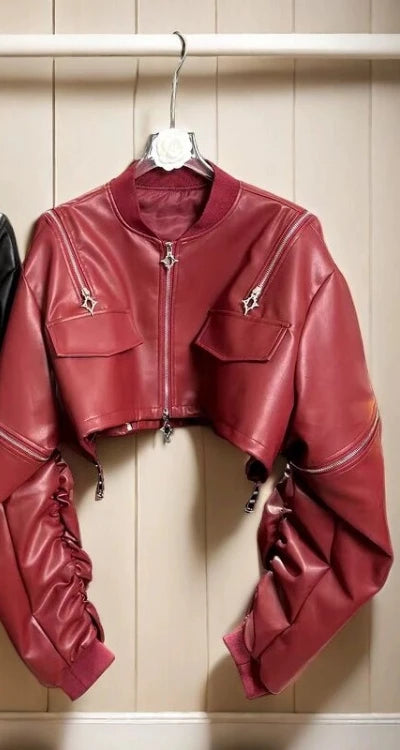 🍒pu cold shoulder leather jacket Y2K asthetic streetwear outerwear loose fashion women solid fashion female crop coat Keep Snug In A Cold Shoulder Coat